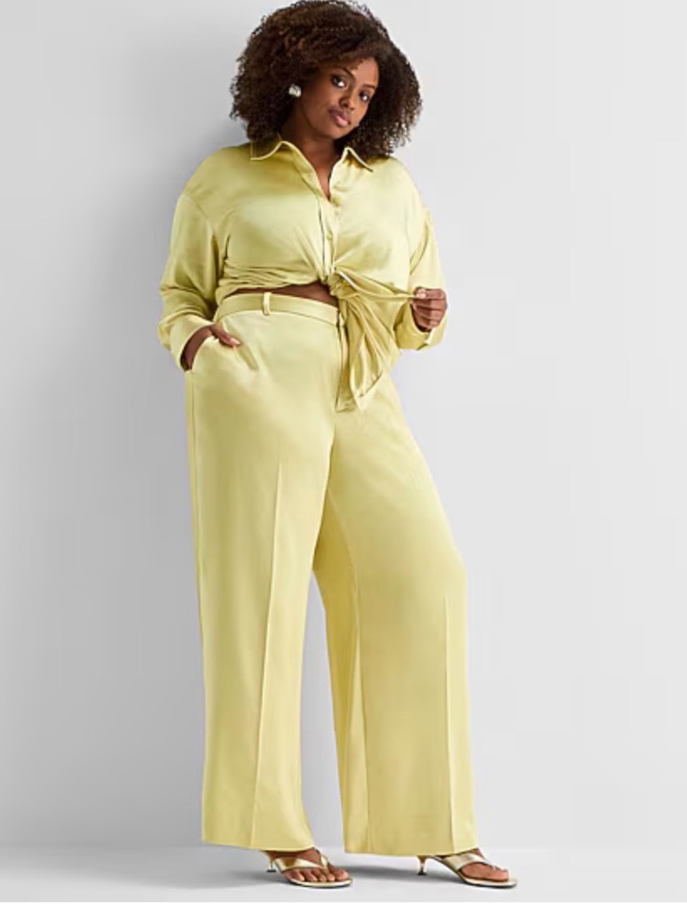 Ashley Graham Satin Wide Leg Crop Pants 26W NWT Lemongrass Yellow